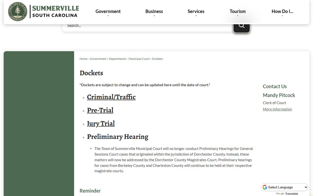 Dorchester County court dockets Summerville Municipal Court docket page