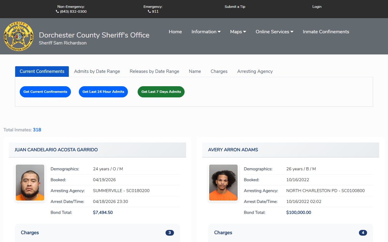 Dorchester County inmate records confinement search fields