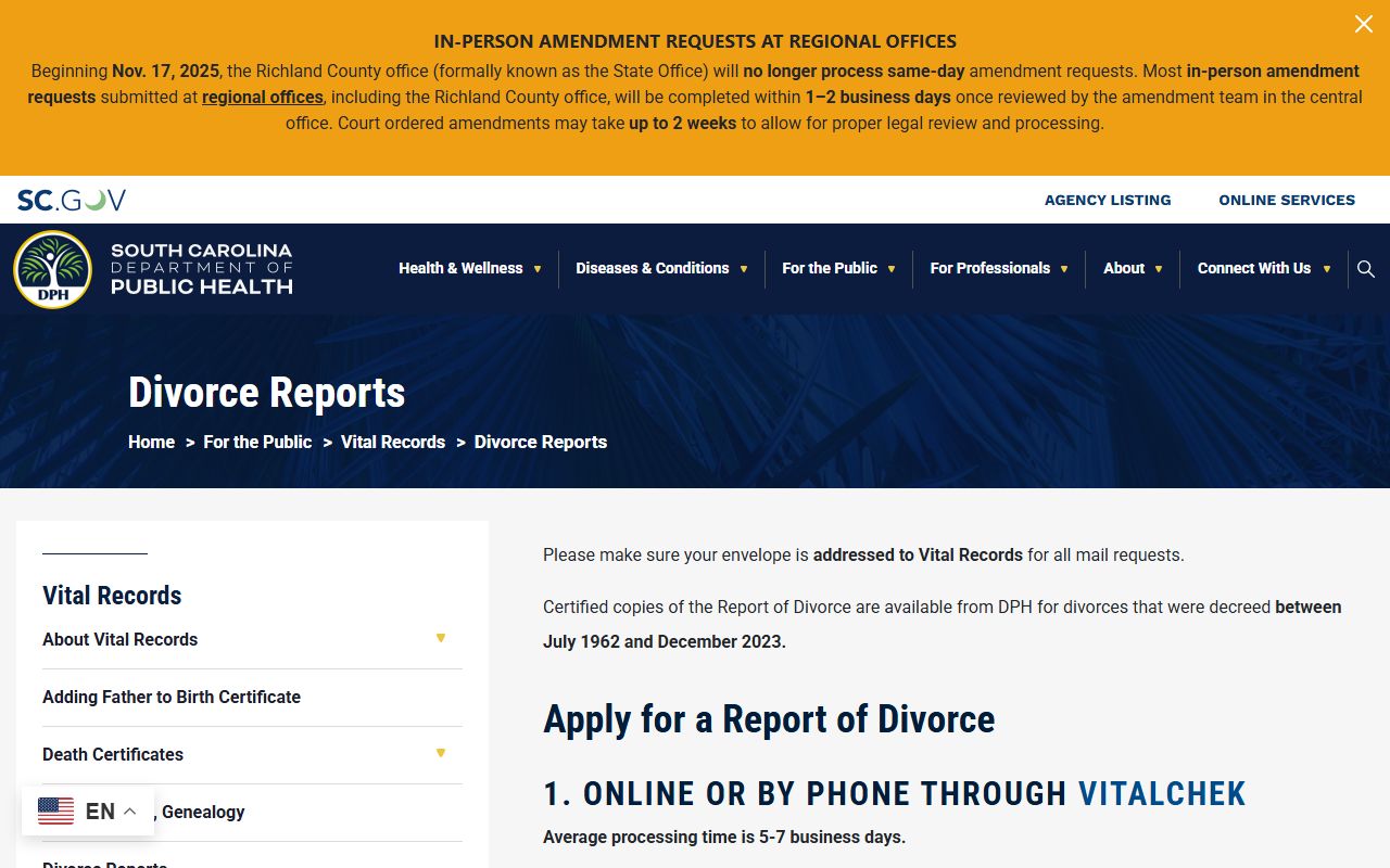 Dorchester County divorce records DPH report access