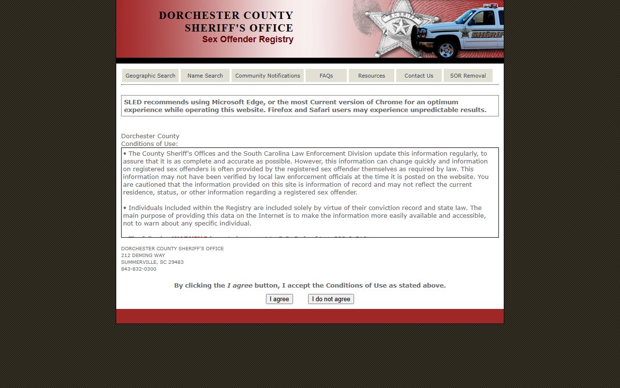 Dorchester County warrant search SLED sex offender registry source