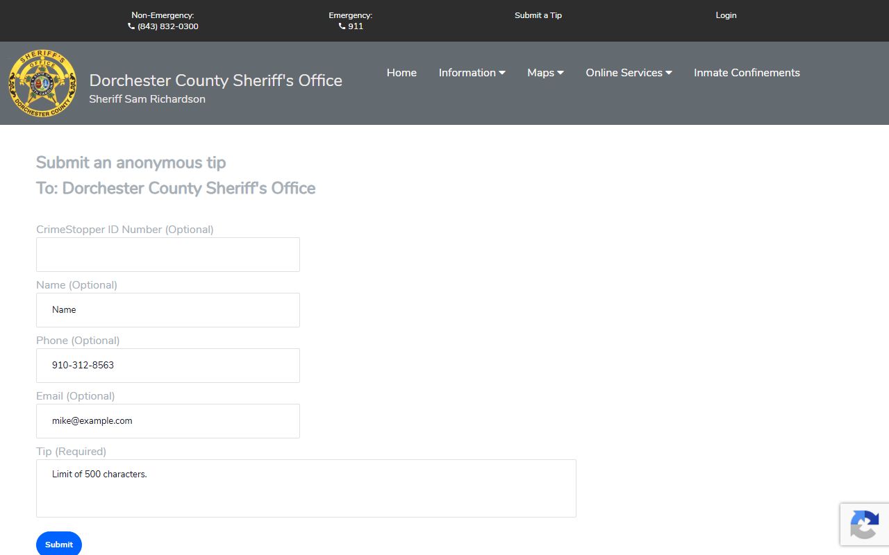 Dorchester County warrant search sheriff tip submission form